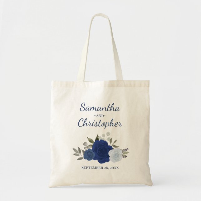 Blue Boho Chic Roses Couple's Names Wedding  Tote Bag (Front)