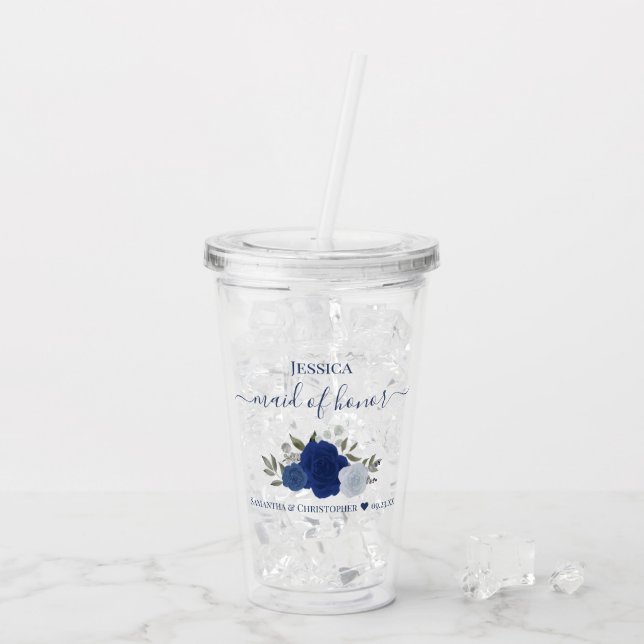 Blue Boho Chic Roses Elegant Maid of Honour Weddin Acrylic Tumbler (Back Ice)