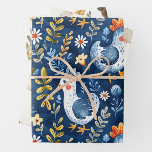 Blue boho chicken nursery seamless pattern wrapping paper sheet