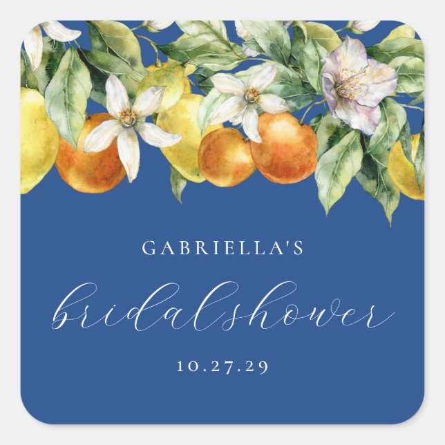 Blue Boho Citrus Lemon Orange Bridal Shower  Square Sticker (Front)
