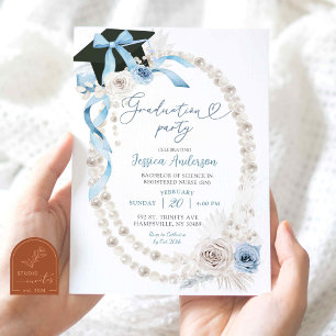 Blue Boho Coquette Bow Pearl Graduation Party Invitation