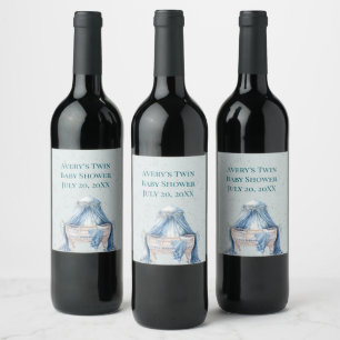 Blue Boho Crib Twin Boys Baby Shower Wine Label