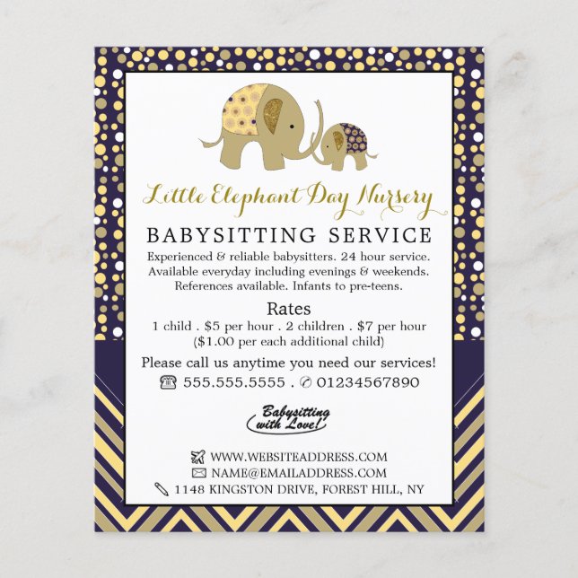 Blue Boho Elephant, Babysitter, Daycare, Nursery Flyer (Front)