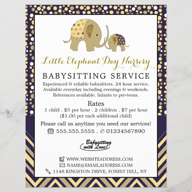 Blue Boho Elephant, Babysitter, Daycare, Nursery Flyer (Front)