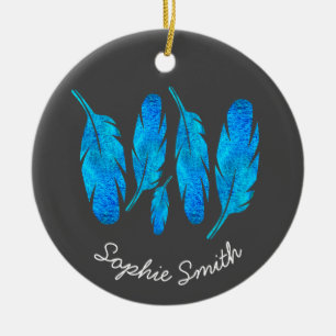 Blue boho feathers blue and grey ceramic ornament