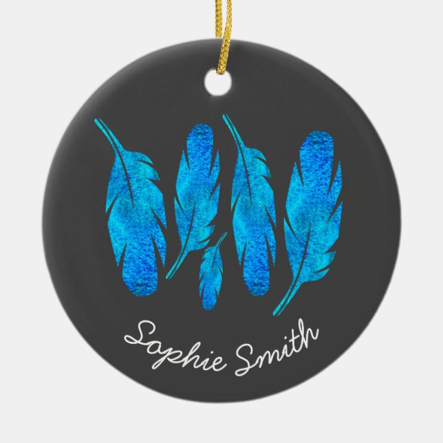 Blue boho feathers blue and grey ceramic ornament (Front)