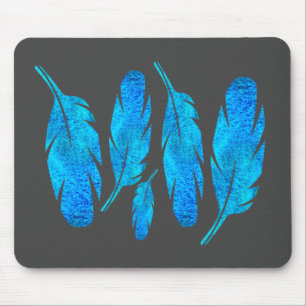 Blue boho feathers blue and grey mouse pad