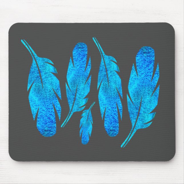 Blue boho feathers blue and grey mouse pad (Front)