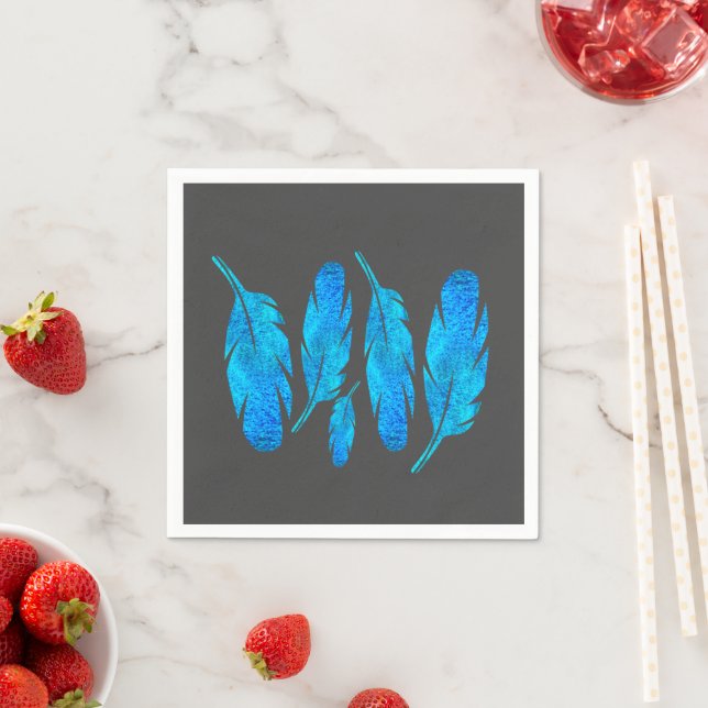 Blue boho feathers blue and grey napkin (Insitu)