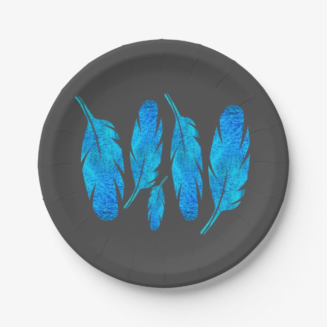 Blue boho feathers blue and grey paper plate (Front)