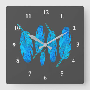 Blue boho feathers blue and grey square wall clock