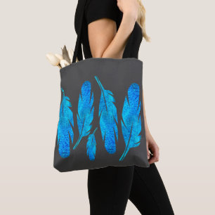 Blue boho feathers blue and grey tote bag