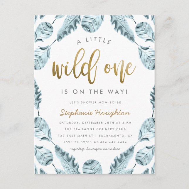 Blue Boho Feathers Gold Wild One Boy Baby Shower Invitation Postcard (Front)