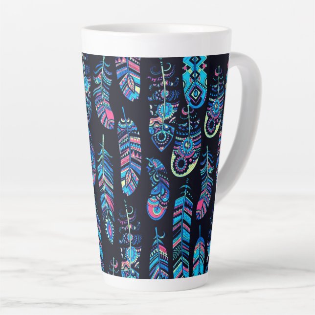 Blue Boho Feathers Pattern Latte Mug (Right Angle)