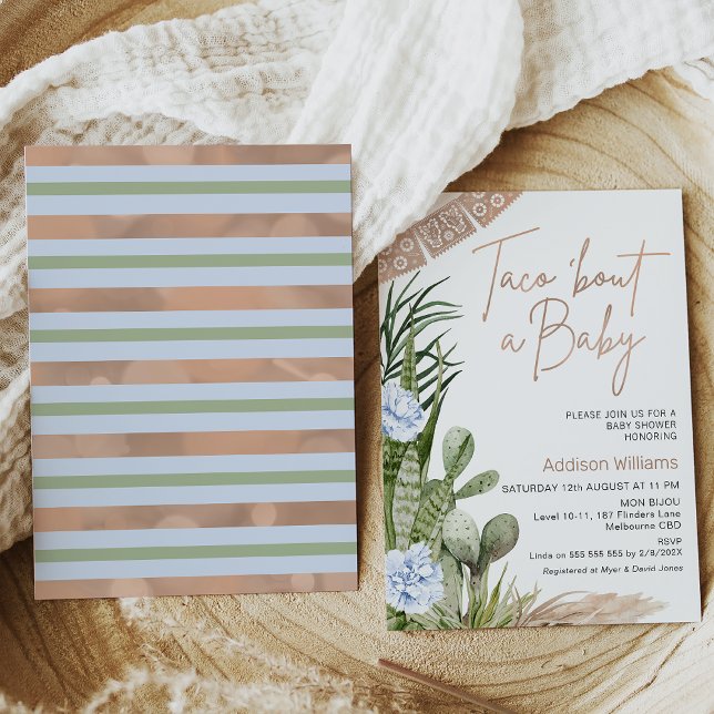 Blue Boho Fiesta Taco Bout A Baby Baby Shower Invitation (Boy's taco 'bout a baby baby shower invitation featuring cacti and blue flowers in a boho style.)