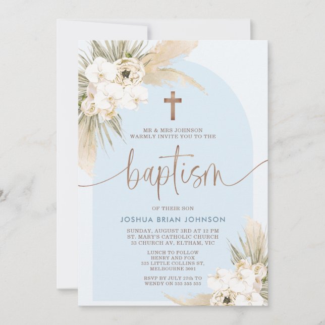 Blue Boho Floral Arch Boys Baptism Invitation (Front)