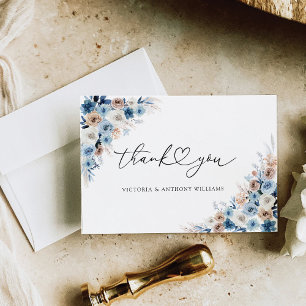 Blue Boho Floral Bridal Shower Flat Thank You Card