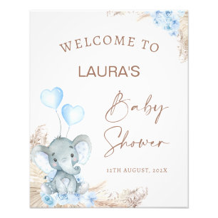 Blue Boho Floral Elephant Baby Shower Welcome Sign