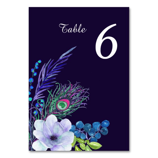 Blue Boho Floral Feather Wedding Table Number (Front)