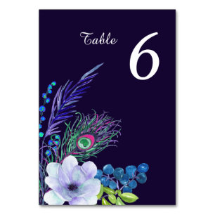 Blue Boho Floral Feather Wedding Table Table Number