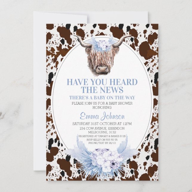 Blue Boho Floral Highland Cow Baby Shower Invitation (Front)