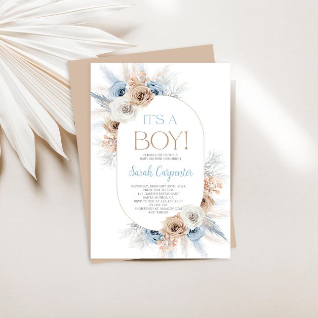 Blue Boho Floral Pampas Grass Baby Shower Boy Invitation (Creator Uploaded)