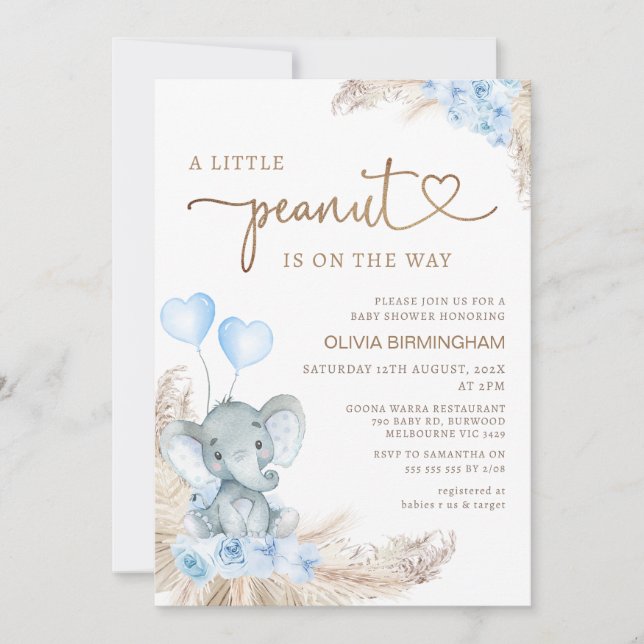 Blue Boho Floral Peanut Elephant Baby Shower Invitation (Front)