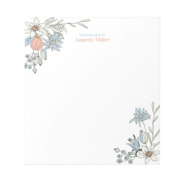 Blue Boho Floral Personal Stationery Notepad (Front)