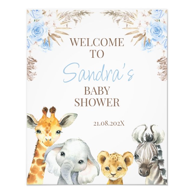 Blue Boho Floral Safari Baby Shower Welcome Sign (Front)