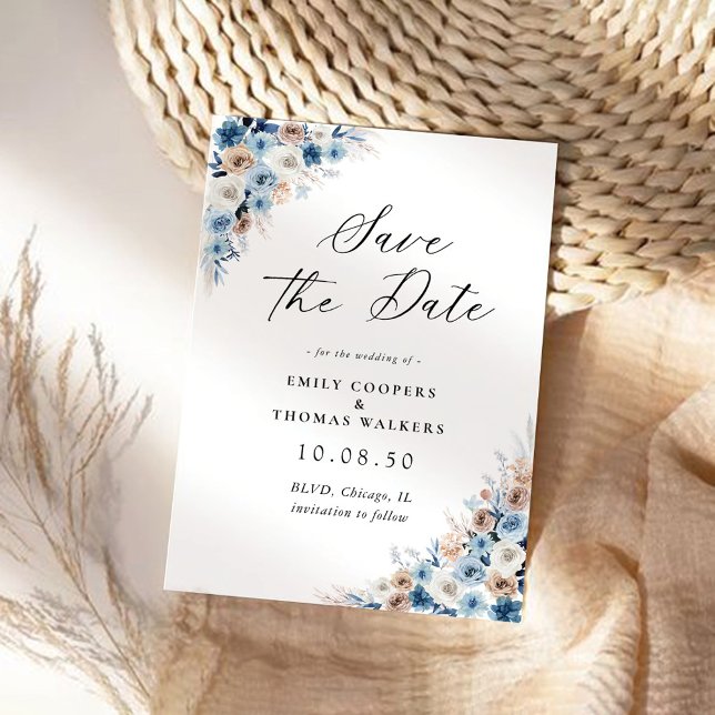 Blue Boho Floral Save The Date Card (Creator Uploaded)