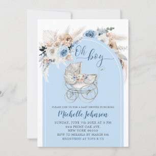 Blue Boho Floral Stroller Boy Baby Shower Invitation