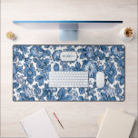 Blue Boho Floral w/Name & Monogram Desk Mat<br><div class="desc">Pretty floral pattern featuring blue bohemian flowers on white background with custom label for your name/monogram.</div>