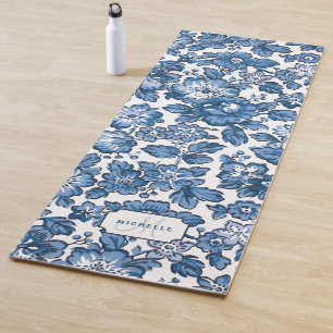 Blue Boho Floral w/Name & Monogram Yoga Mat