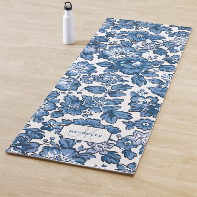 Blue Boho Floral w/Name & Monogram Yoga Mat (In Situ)