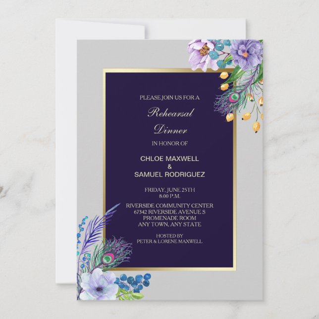 Blue Boho Floral Wedding Rehearsal Invitation (Front)