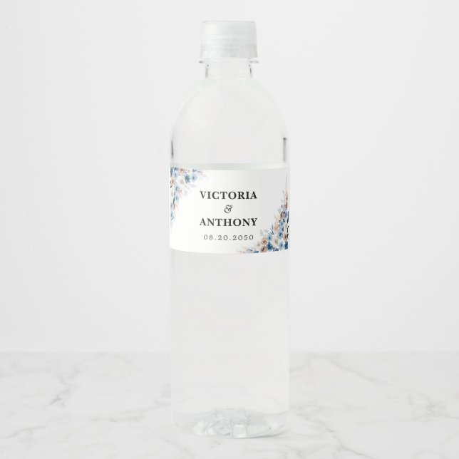 Blue Boho Floral Wedding Water Bottle Label (Front)