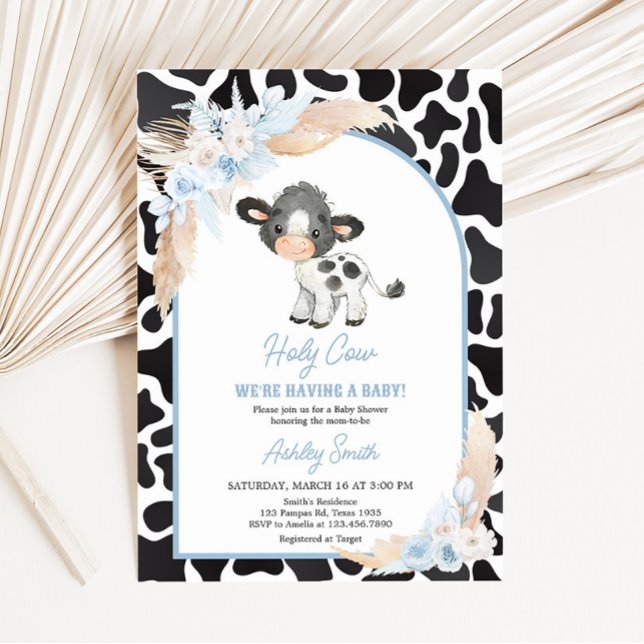 Blue Boho Highland Cow Baby Shower Invitation (Bohemian Floral Farm Baby Shower Invitation)