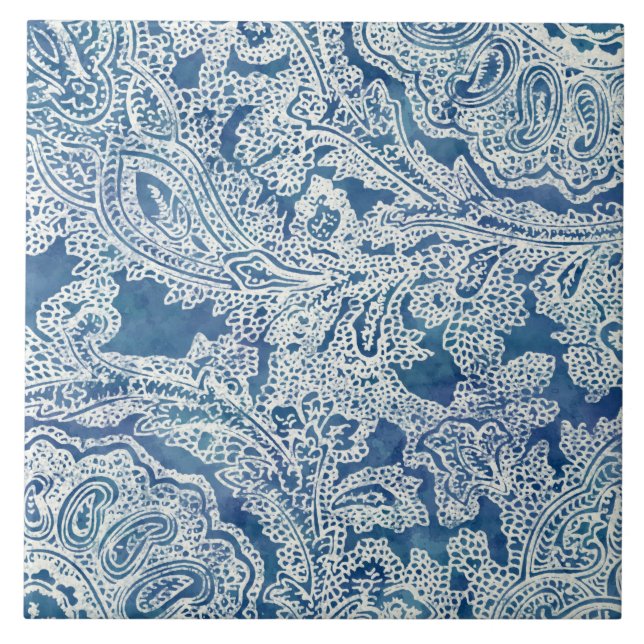 Blue Boho Lace Paisley Pattern Ceramic Tile (Front)