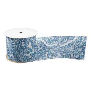 Blue Boho Lace Paisley Pattern   Satin Ribbon