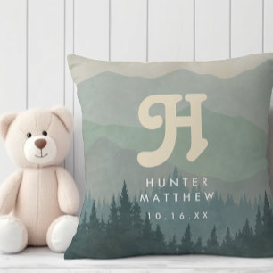 Blue Boho Monogram Mountain & Forest Retro Nursery Cushion