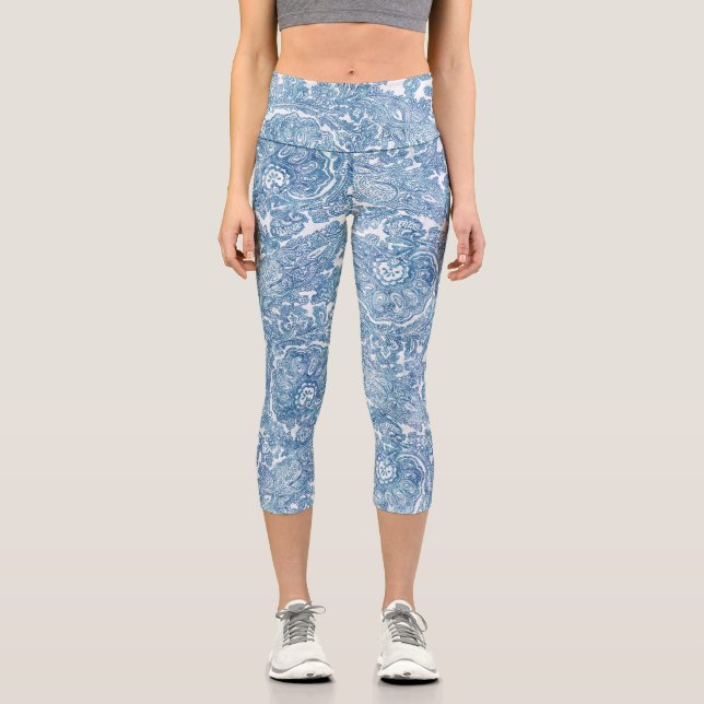 Blue Boho Paisley Pattern  Capri Leggings (Front)