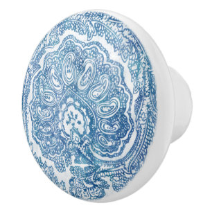 Blue Boho Paisley Pattern Ceramic Knob