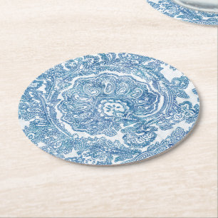 Blue Boho Paisley Pattern Round Paper Coaster