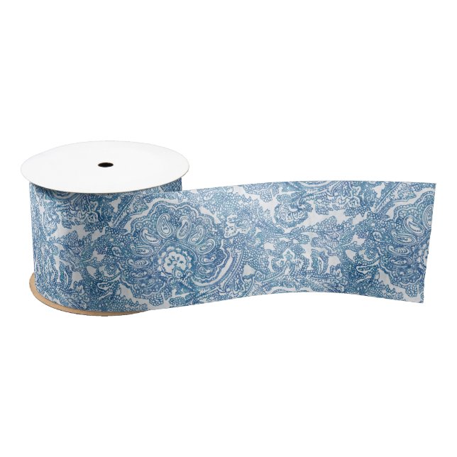 Blue Boho Paisley Pattern Satin Ribbon (Spool)