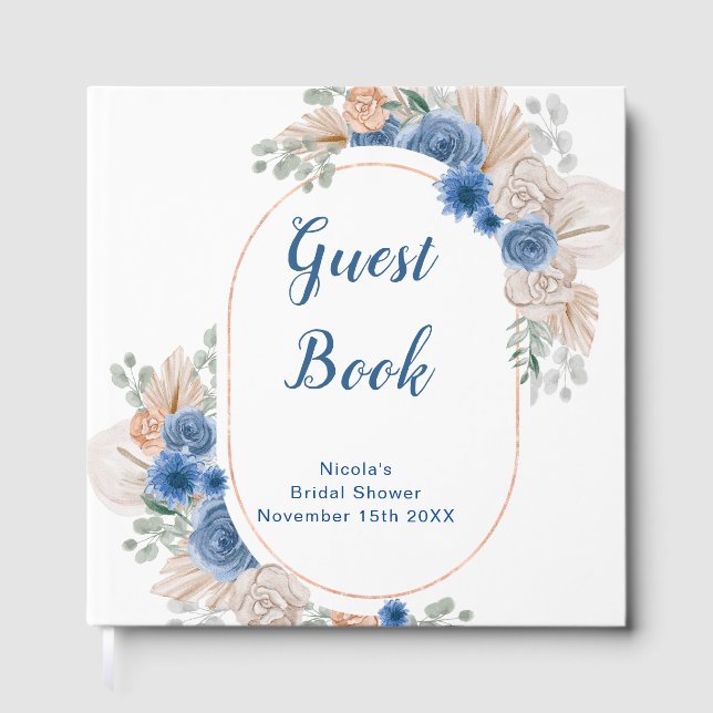 Blue Boho Pampas Grass Bridal Shower Guest Book (Front)