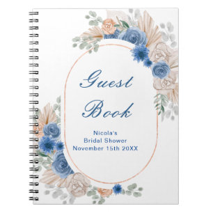 Blue Boho Pampas Grass Bridal Shower Guest Notebook