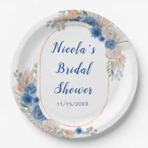 Blue Boho Pampas Grass Bridal Shower Paper Plate