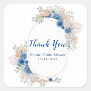 Blue Boho Pampas Grass Bridal Shower Square Sticker
