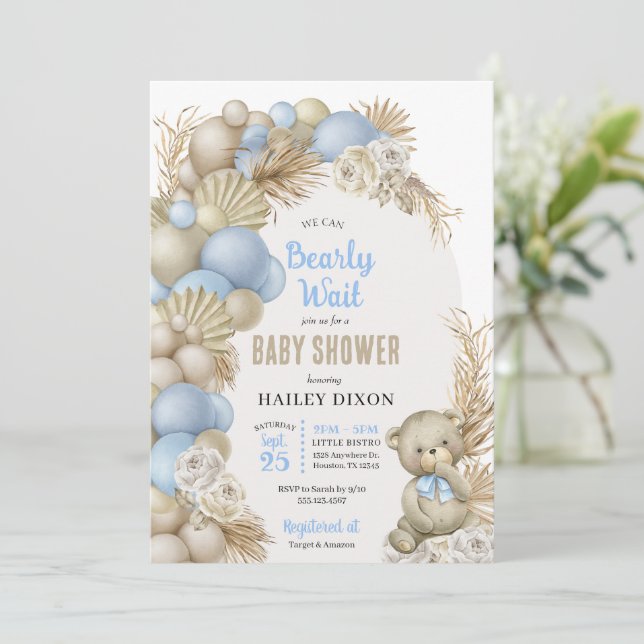 Blue Boho Pampas Grass Teddy Bear Baby Shower Invitation (Standing Front)