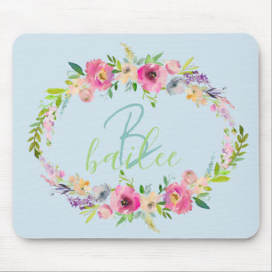 Blue Boho Pastel Floral Name Script Monogram Mouse Pad